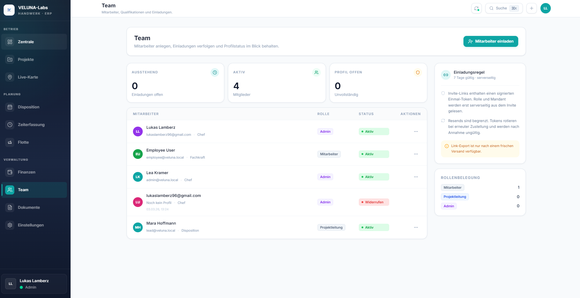 VELUNA Planner team management